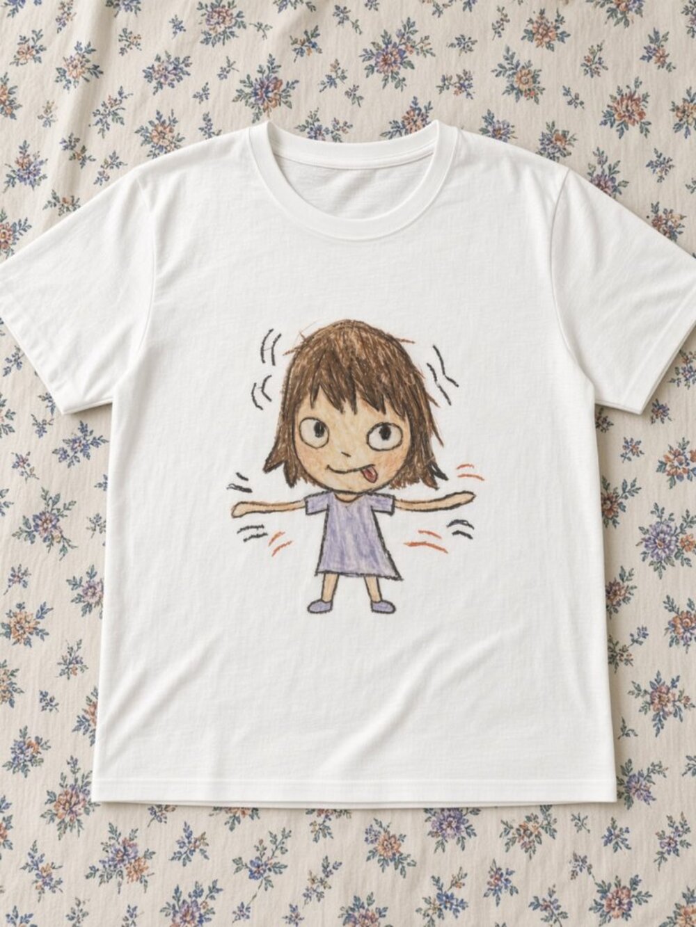 Crayon Girl Drawing Graphic Tee White Cute Doodle Art T-Shirt